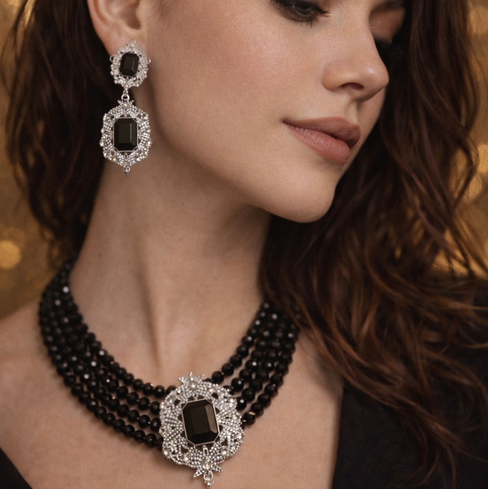 Elegance Women Necklace & Drop Earrings.Classic Black Beaded Statement —